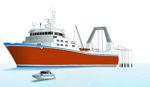 Schematic diagram of a large commercial fishing trawler with a small recreational fishing boat in the foreground.